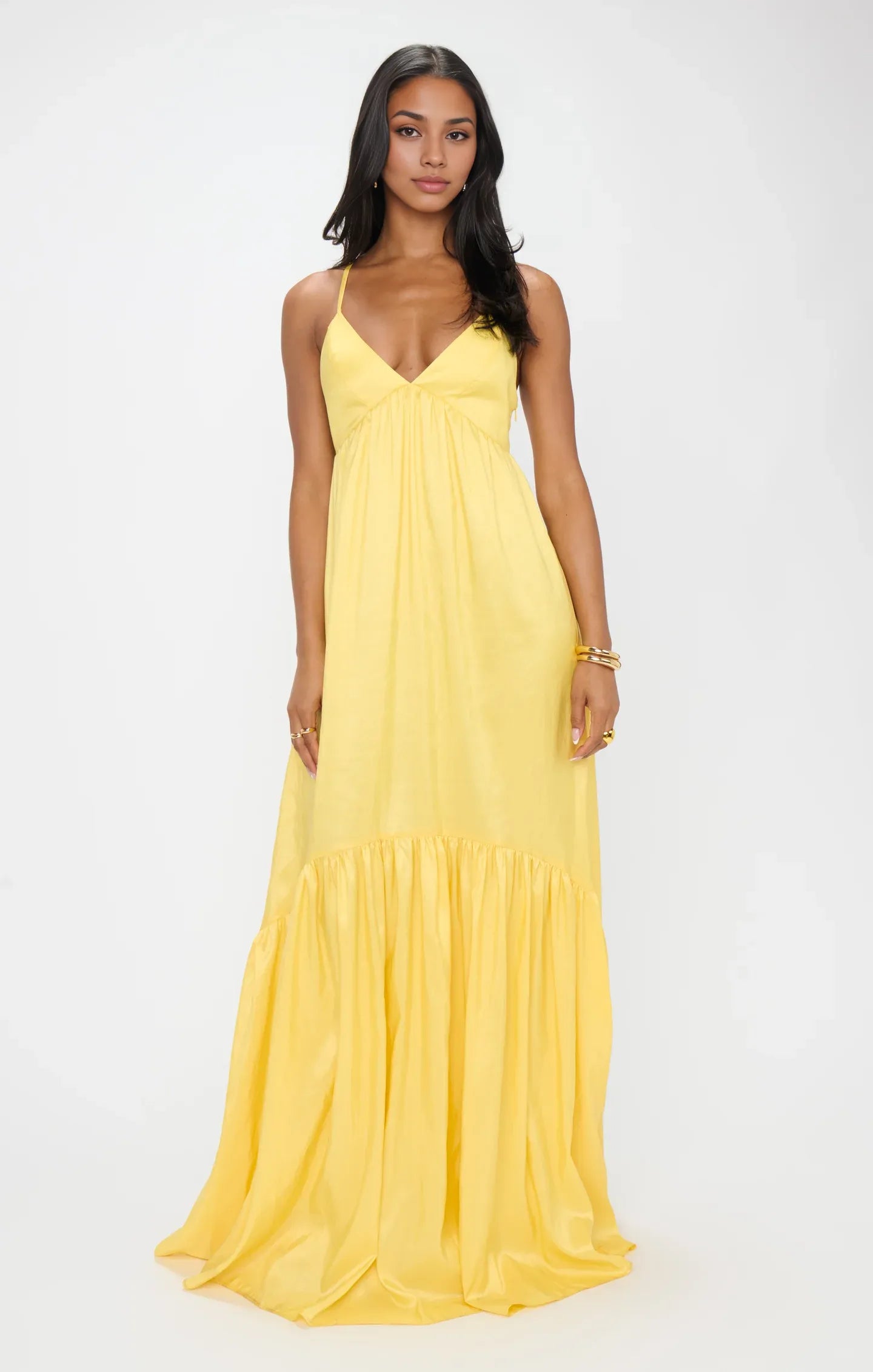 Weitese Dress Spaghetti Straps V Neck Yellow Maxi Dress Princess Satin Solid Color Crisscross Back Elegant Prom Dress